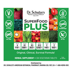 Dr. Schulze's SuperFood Plus greens variety with vibrant vegetables supporting wellness