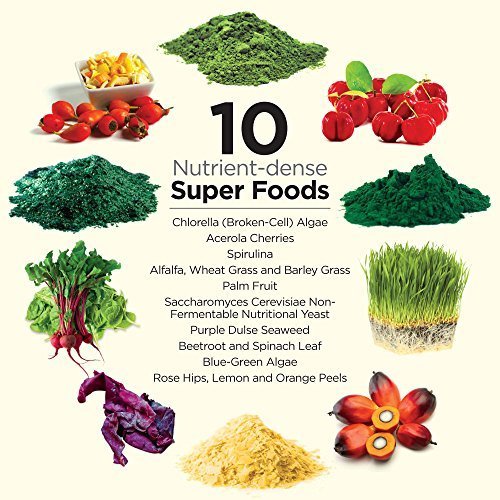 Dr. Schulze's SuperFood Plus scoop mixing greens into a drink for energy