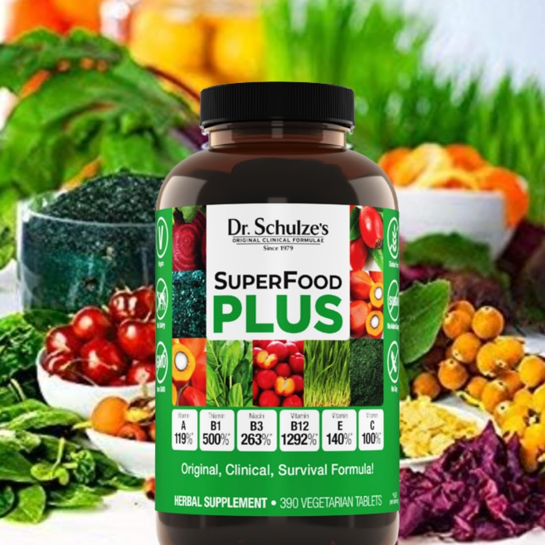 Dr. Schulze's SuperFood Plus tablets shown for daily energy support