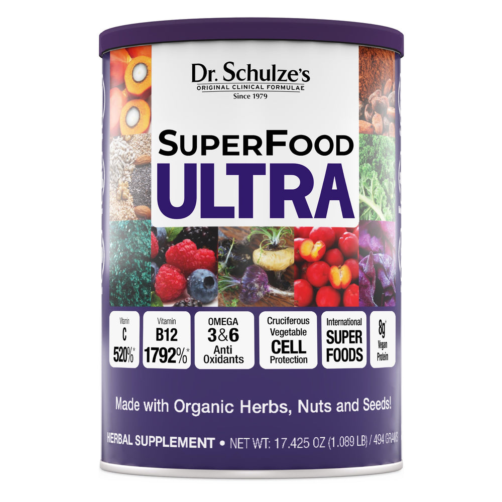 Dr. Schulze's SuperFood Ultra bottle front highlights organic nutrition for daily energy.