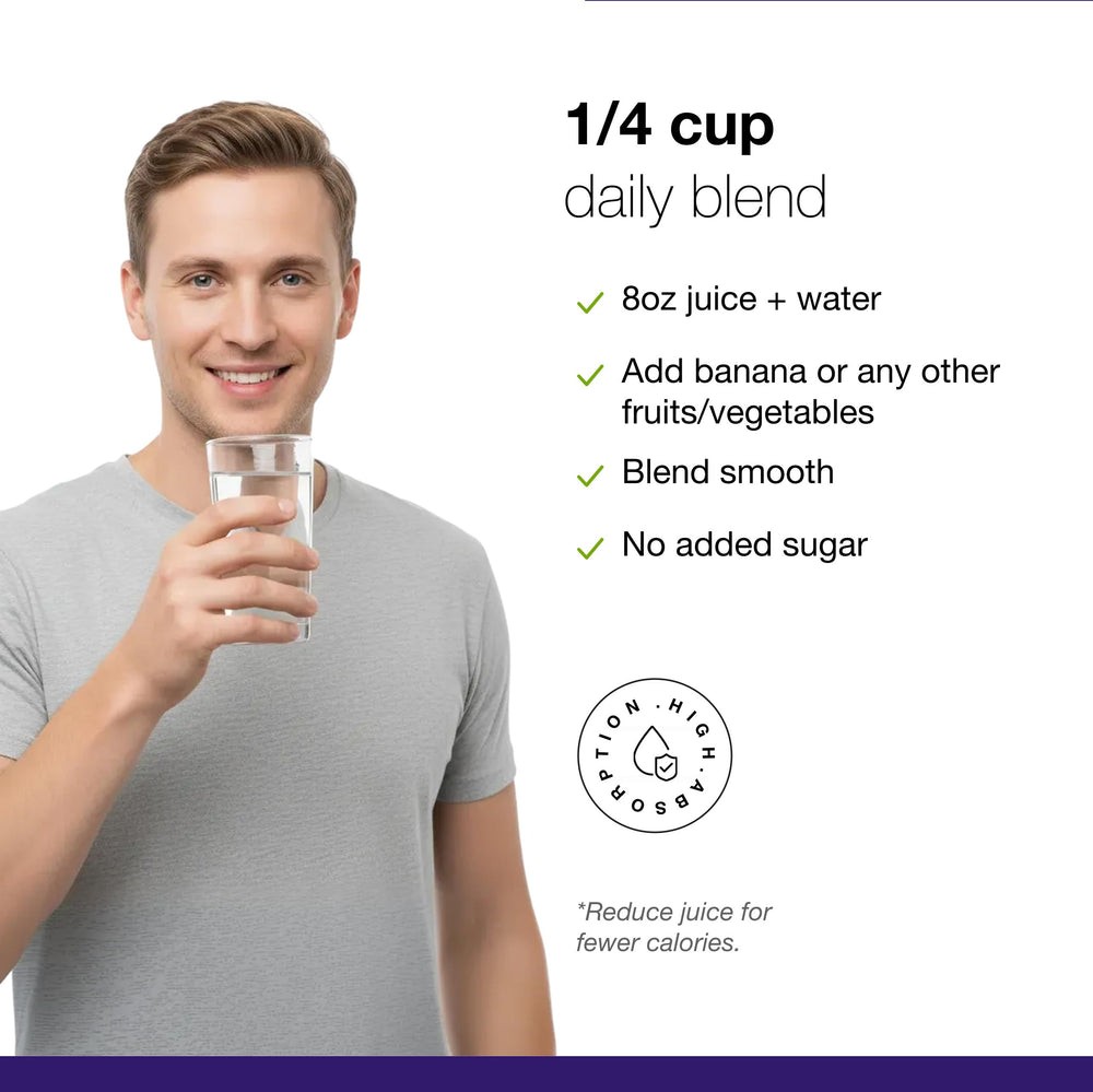 Powder texture closeup shows fine, smooth mix ideal for smoothies.