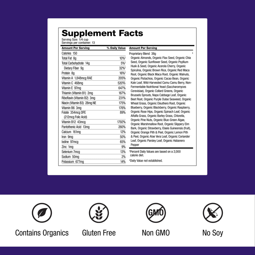 Dr. Schulze's SuperFood Ultra tub label shows vegan, non-GMO, gluten-free features.