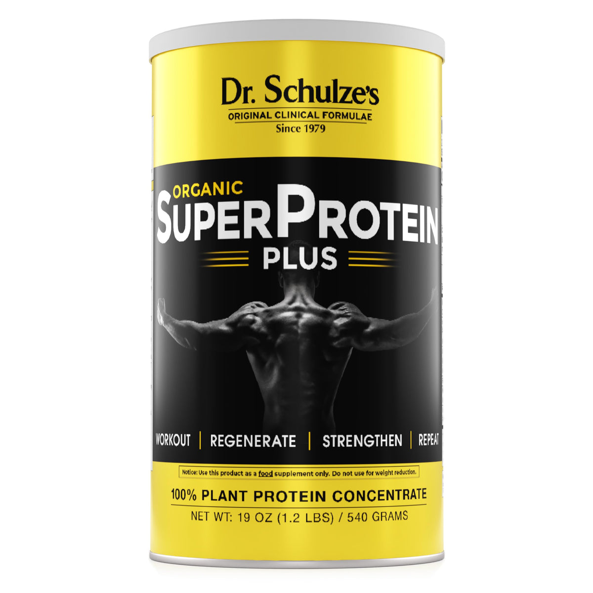 Dr. Schulze's SuperProtein Plus bottle front for plant-based lean muscle support