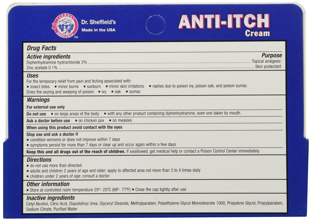 Dr. Sheffield Anti-Itch Cream label close-up highlighting key ingredients.