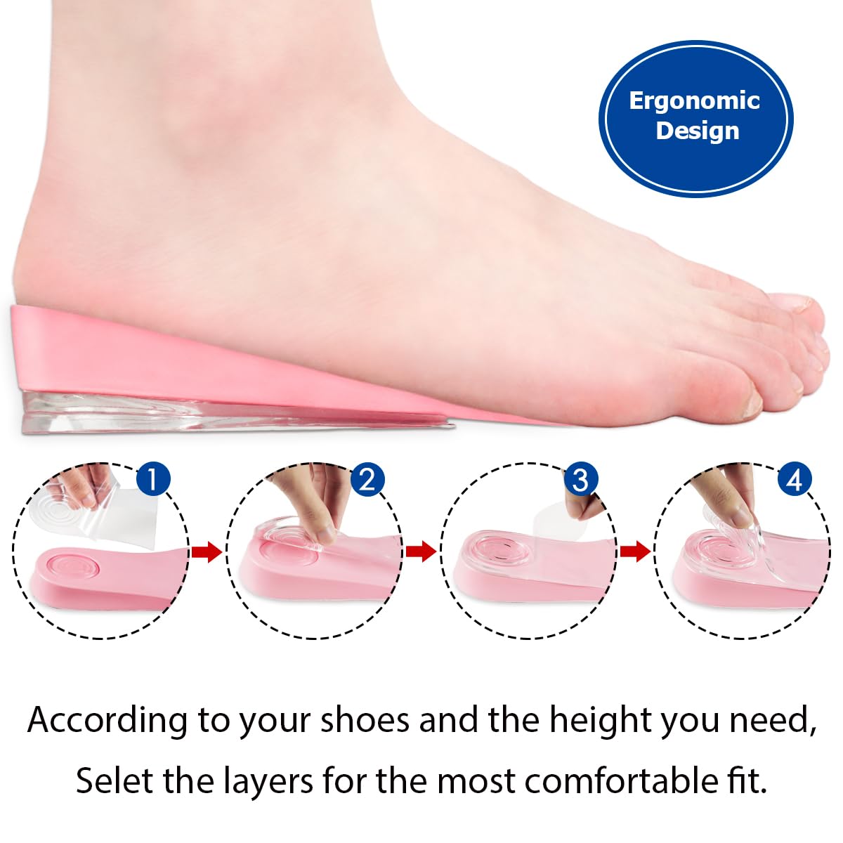 Dr. Shoesert PU gel layers shown for secure attachment and height adjustment