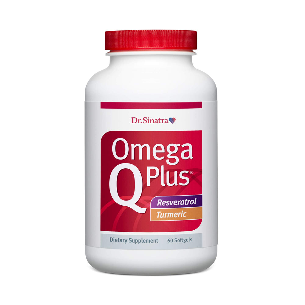 Dr. Sinatra Omega Q Plus bottle with label showcases heart-supporting omega-3 blend.