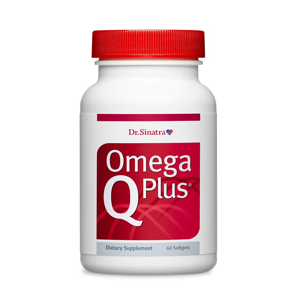 Dr. Sinatra Omega Q Plus bottle showing heart-healthy omega-3 and CoQ10 support.