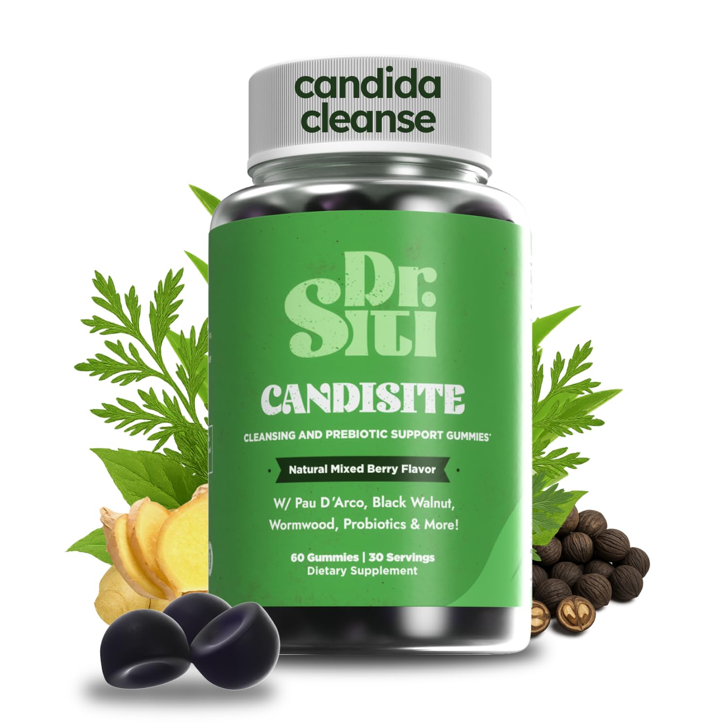 Dr. Siti Candisite bottle front shows the 10-in-1 formula for gut support.