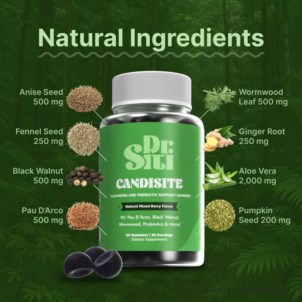 Dr. Siti Candisite ingredients panel lists wormwood and pau d’arco for balance.