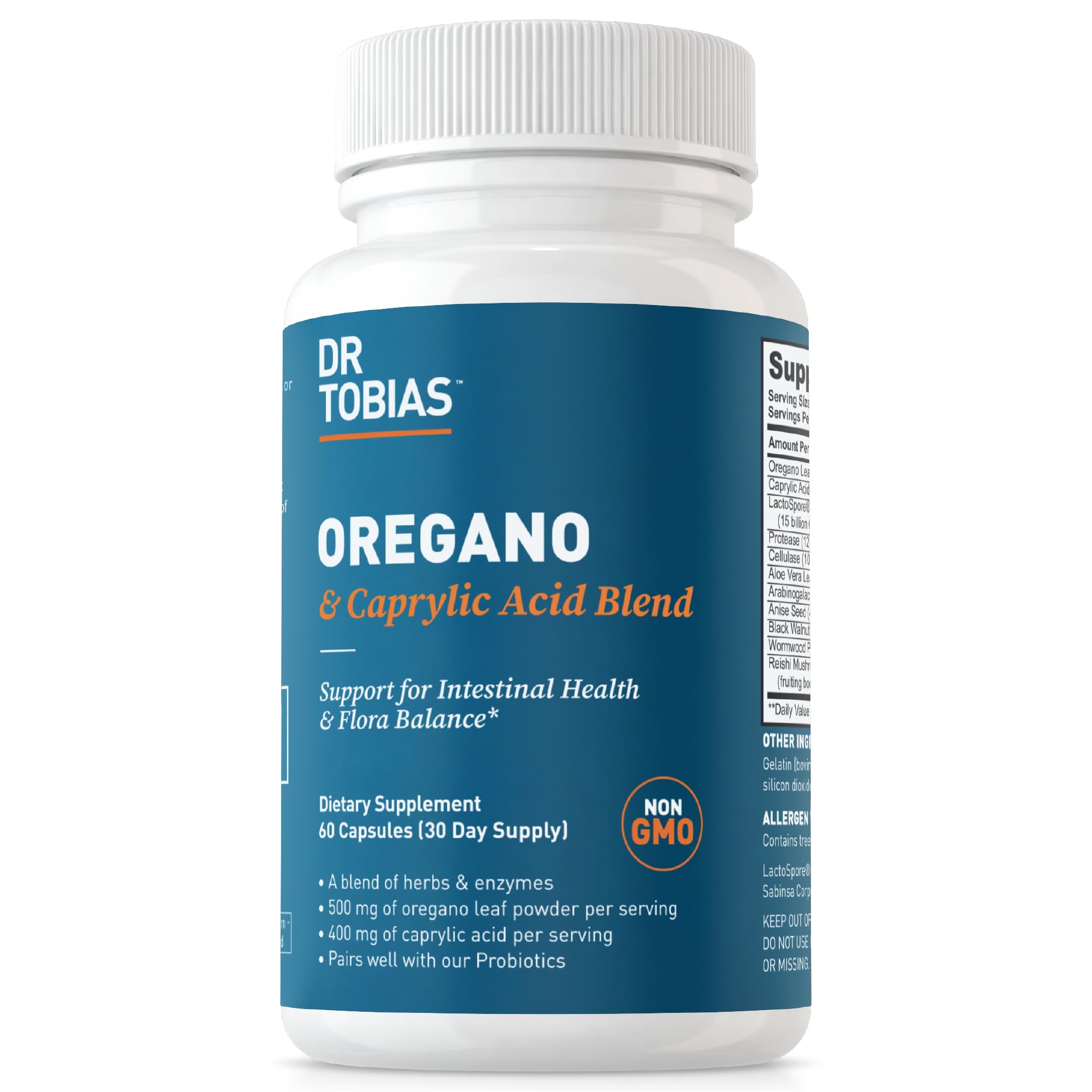Dr. Tobias bottle pour of oregano-caprylic blend for gut balance