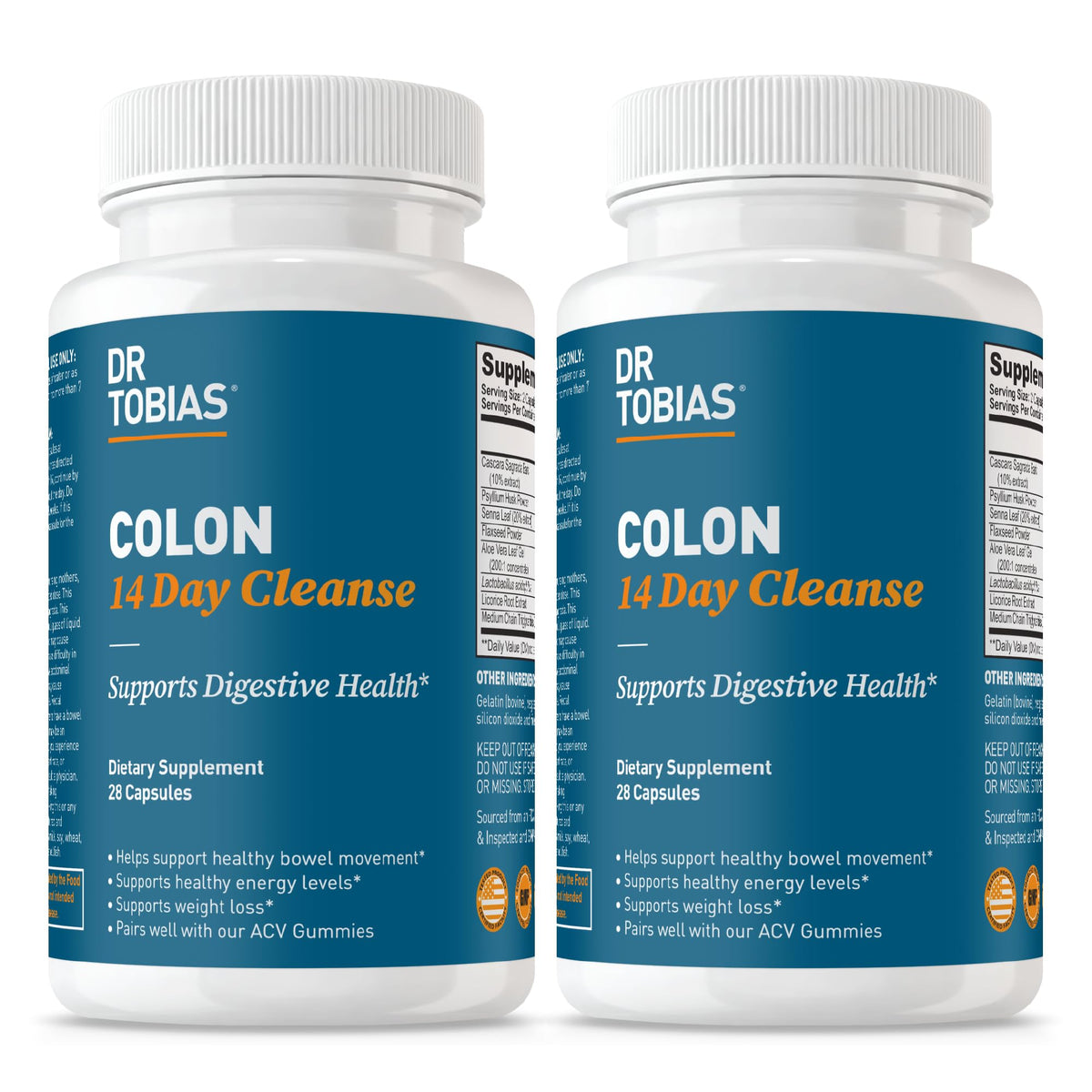 Dr. Tobias Colon Cleanse bottle front promoting daily gut support.