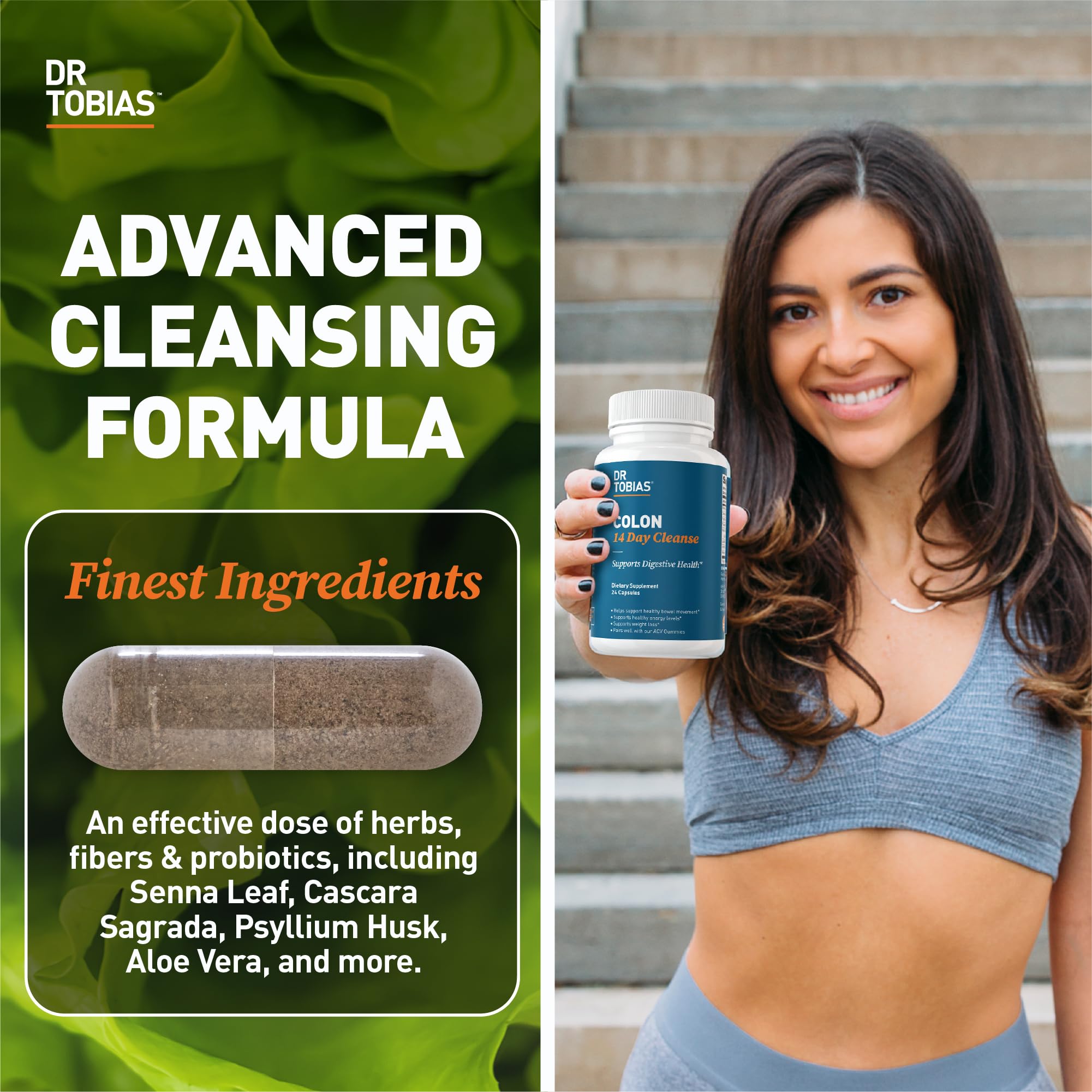 Dr. Tobias Colon Cleanse capsules close-up showing daily detox potential.
