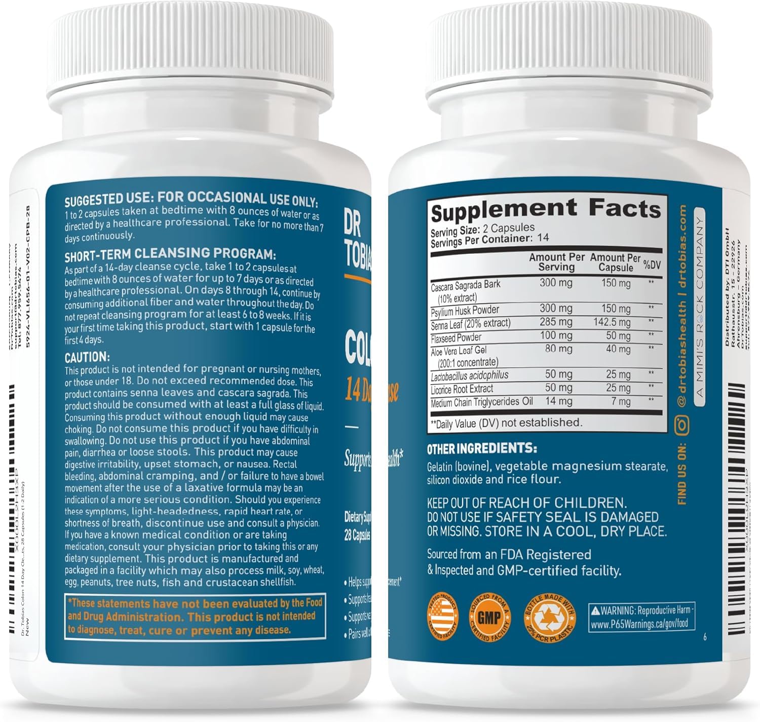 Dr. Tobias Colon Cleanse dosage instruction card shown near the bottle.