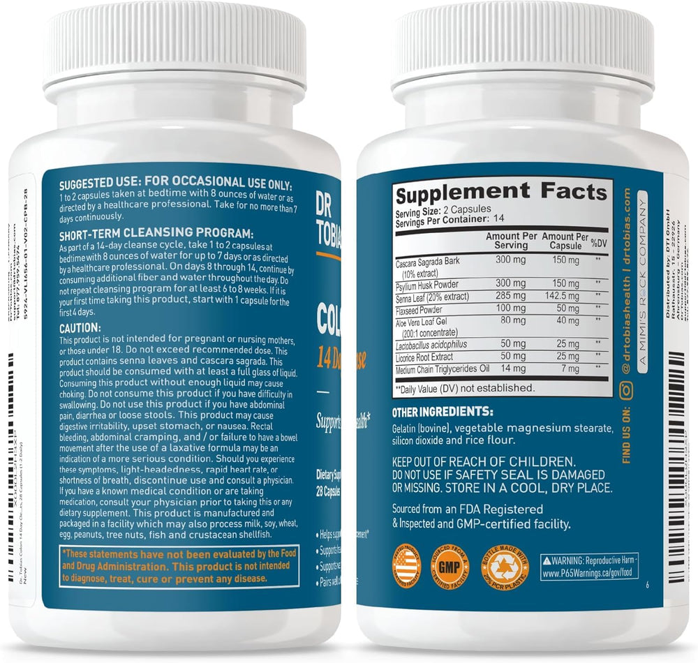 Dr. Tobias Colon Cleanse dosage instruction card shown near the bottle.