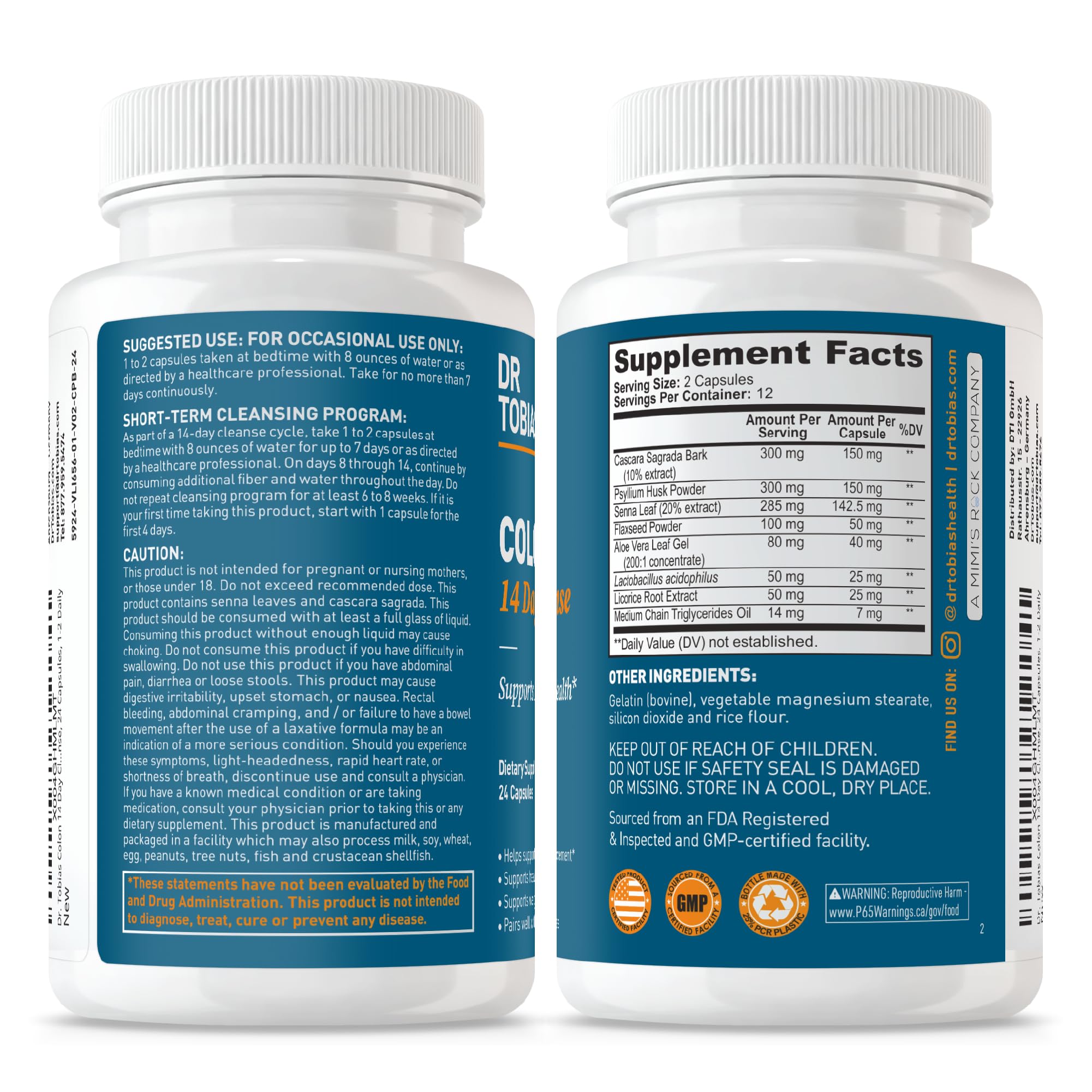Dr. Tobias Colon Cleanse dosing guide shows 1-2 capsules daily.