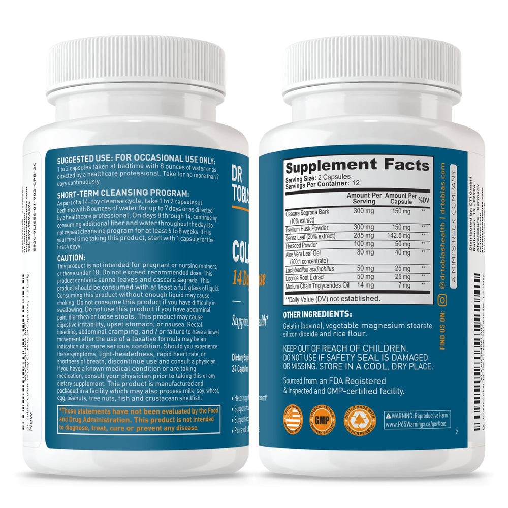 Dr. Tobias Colon Cleanse dosing guide shows 1-2 capsules daily.
