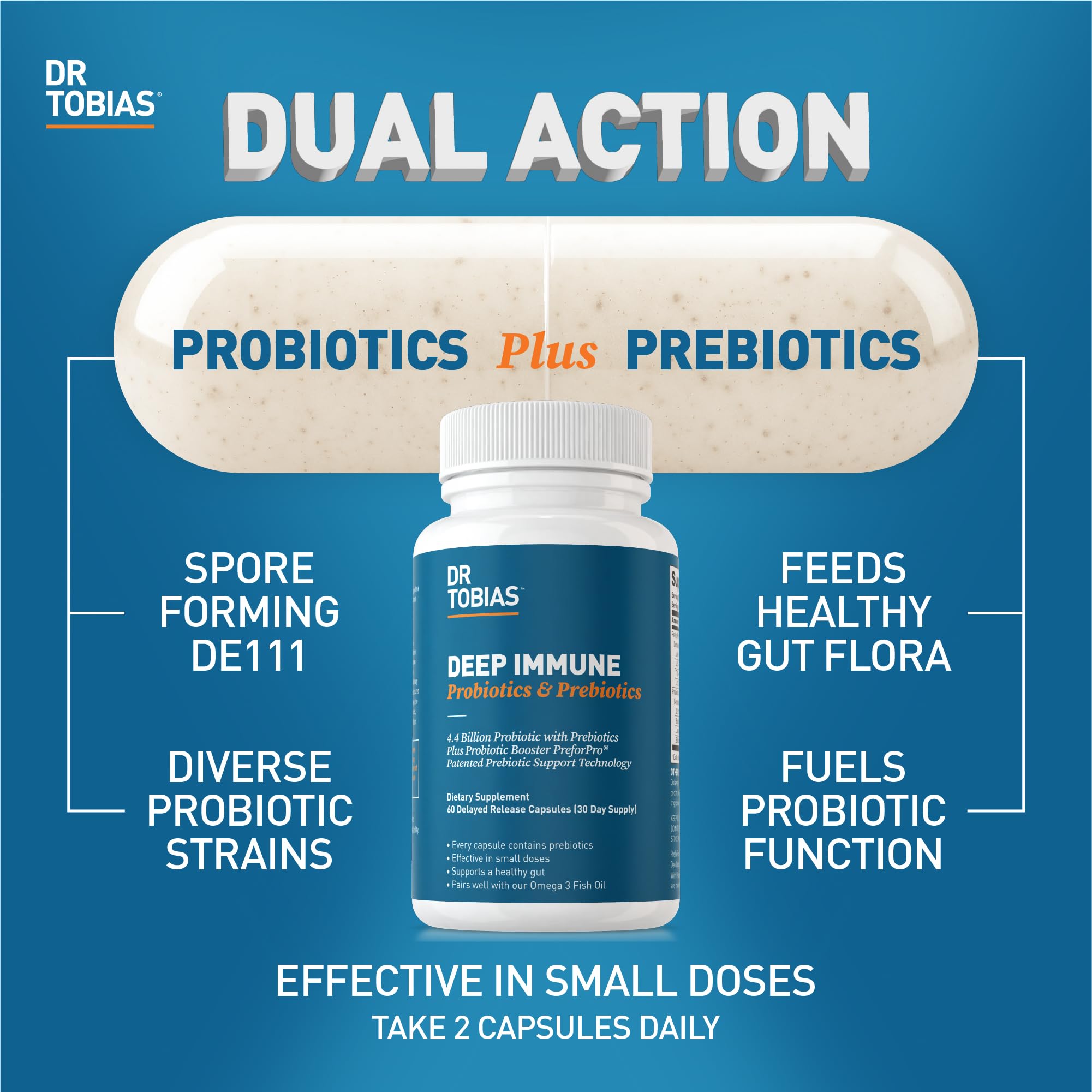 Dr. Tobias Deep Immune Probiotics bottle back with dosage details.