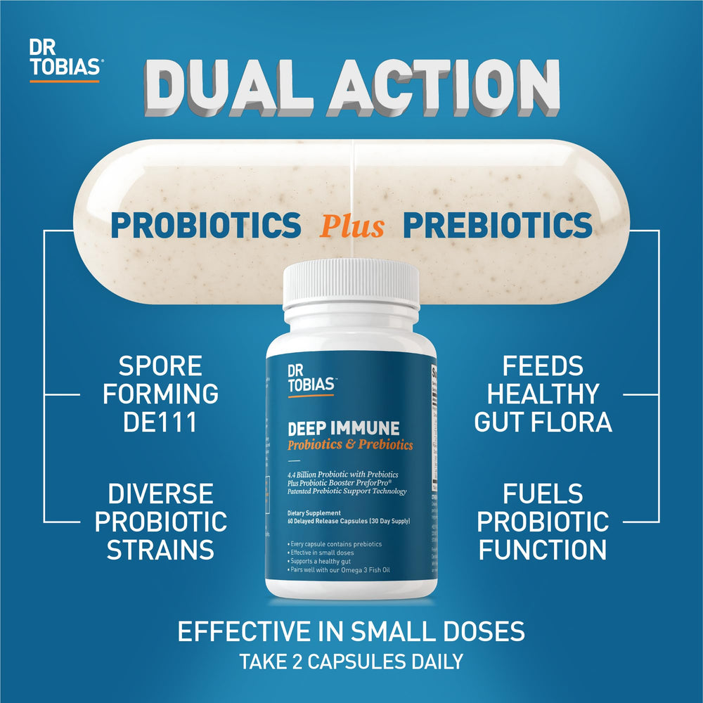 Dr. Tobias Deep Immune Probiotics bottle back with dosage details.