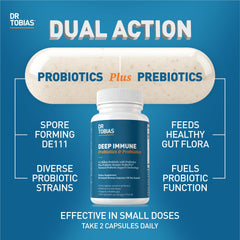 Dr. Tobias Deep Immune Probiotics bottle back with dosage details.