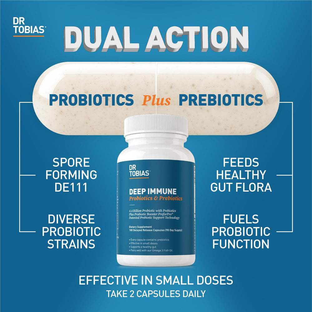 Dr. Tobias Deep Immune Probiotics capsules close-up promoting easy digestion.