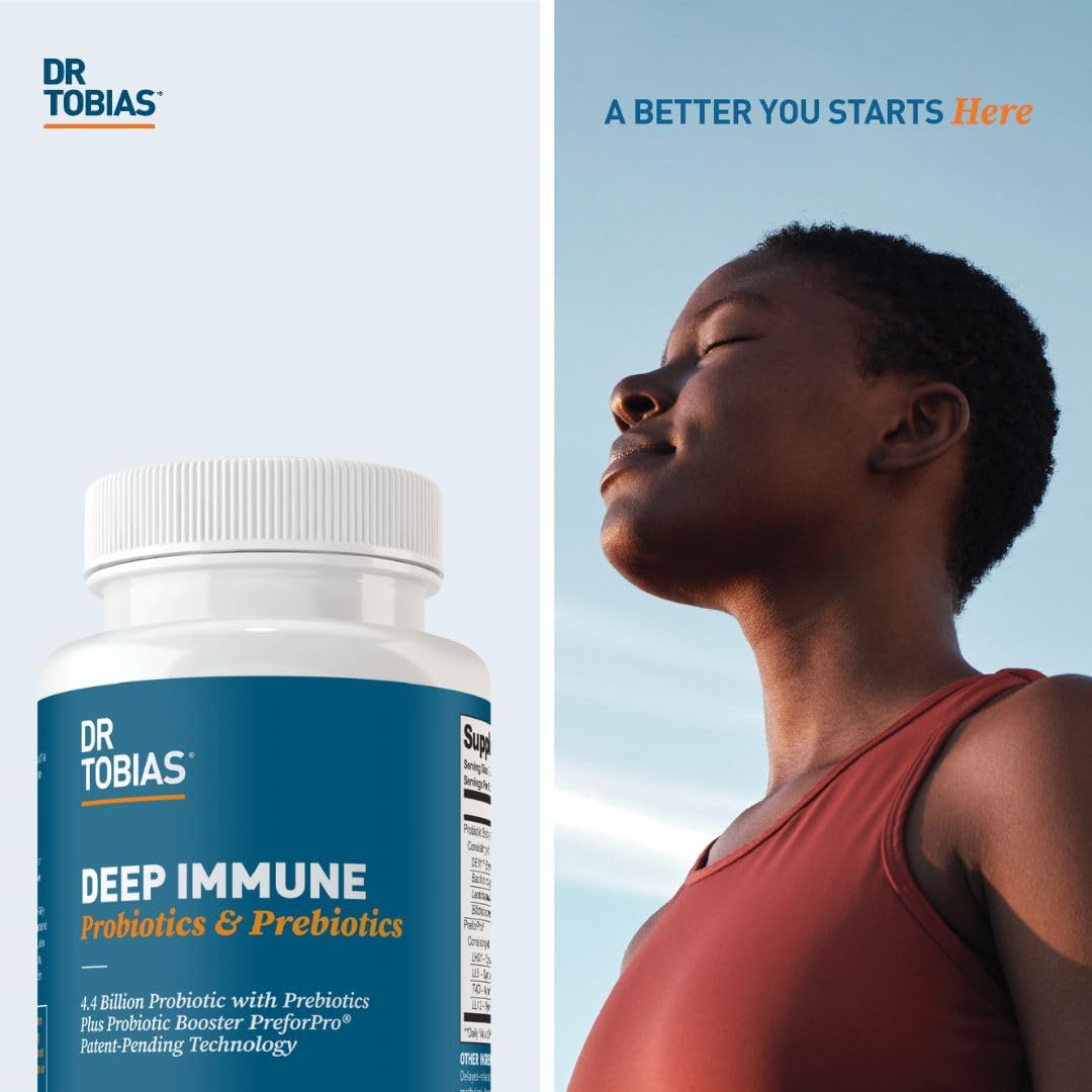 Dr. Tobias Deep Immune Probiotics bottle on kitchen counter.