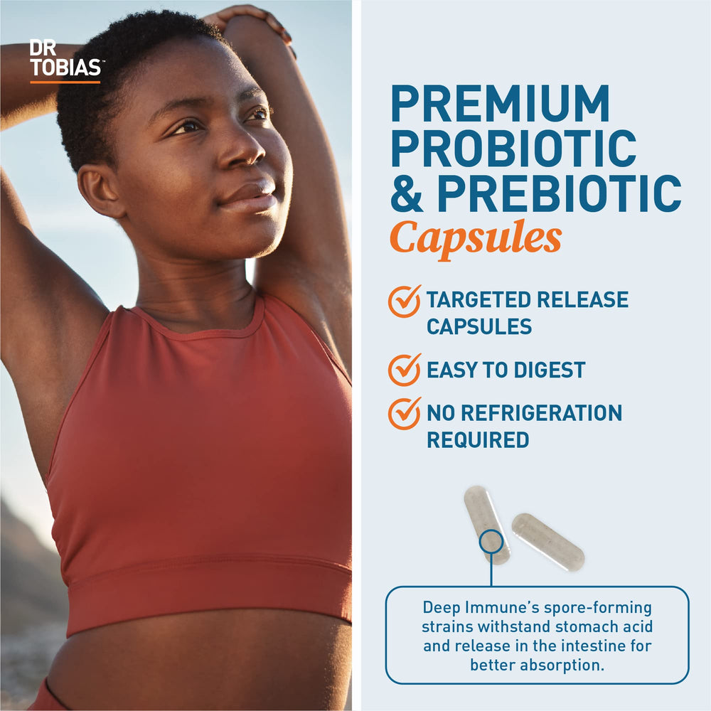 Dr. Tobias delayed-release spore probiotics packaging illustrating stomach acid resistance.