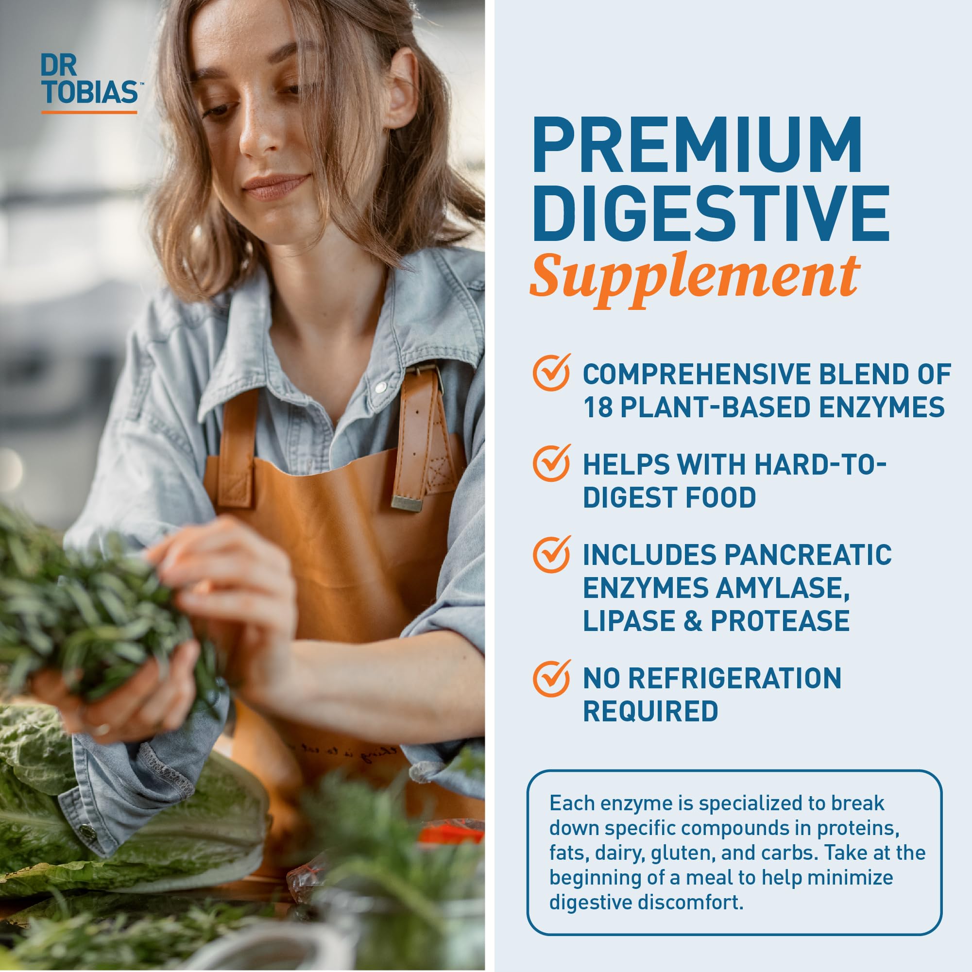 Dr. Tobias Digestive Enzymes ingredients panel with 18 enzymes for comprehensive digestion