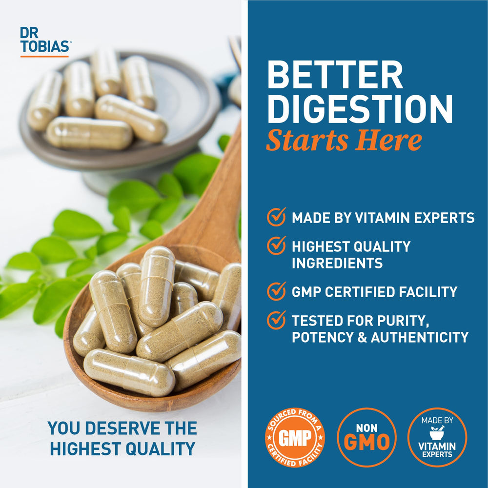 Dr. Tobias Digestive Enzymes non-GMO GMP stamp highlighting product quality