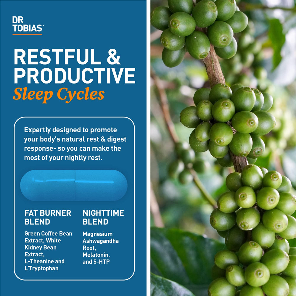 Dr. Tobias Fat Burner Nightly capsules arranged for a restful, sleep-friendly routine
