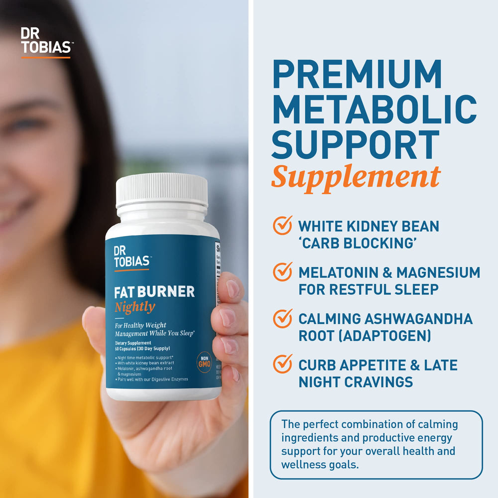 Dr. Tobias Fat Burner Nightly label features white kidney bean and melatonin ingredients