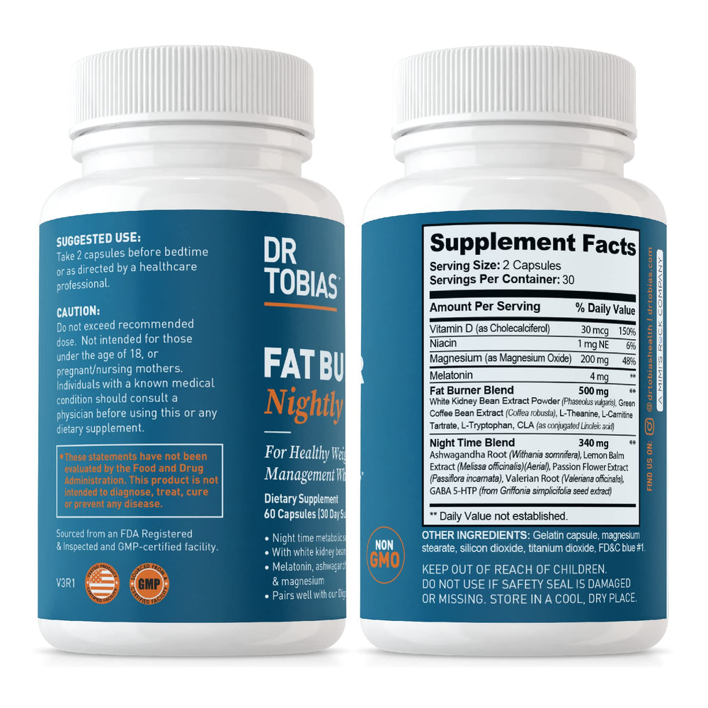 Dr. Tobias Fat Burner Nightly bottle evokes calm bedtime vibes and appetite control