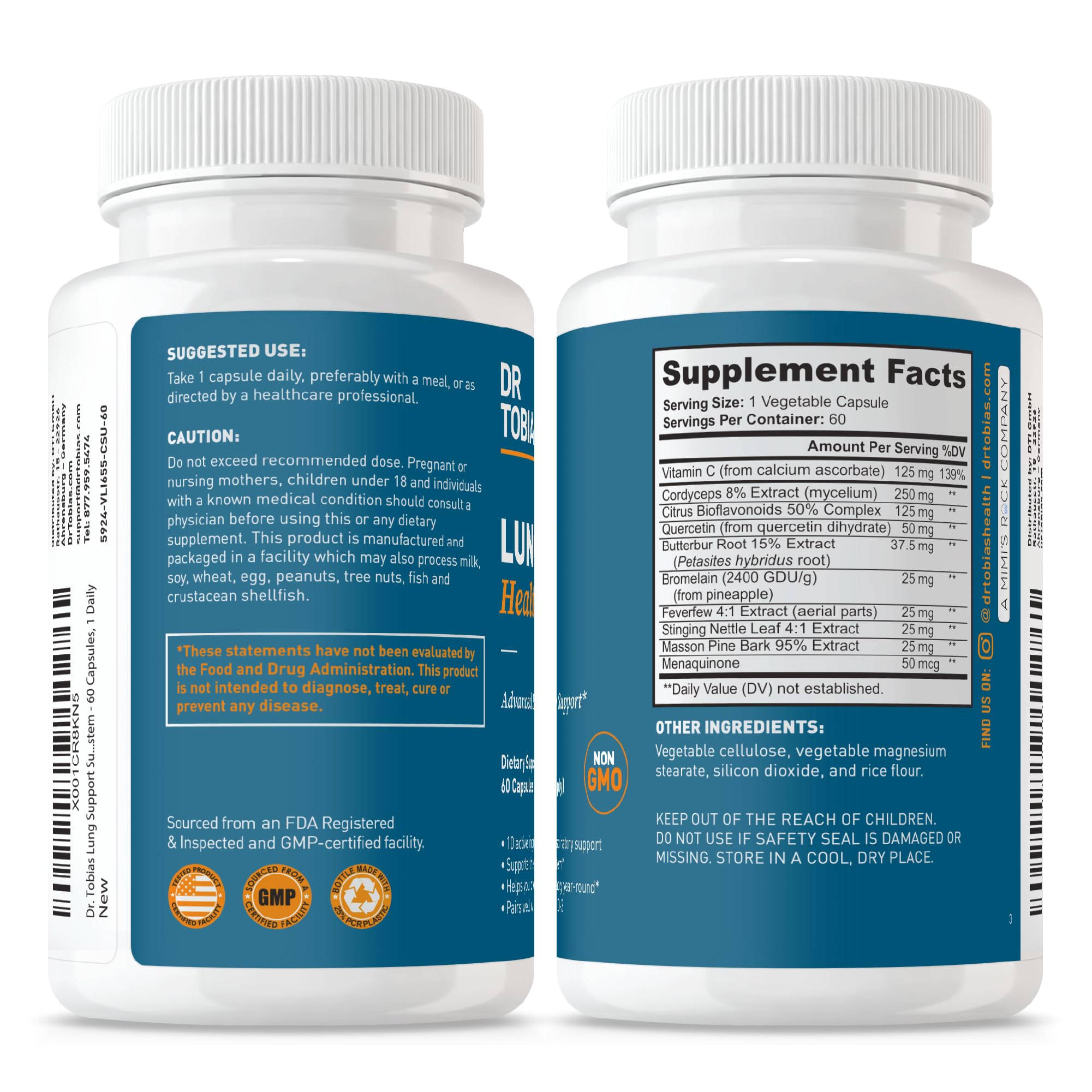 Dr. Tobias Lung Health bottle with 60 capsules clearly counted.