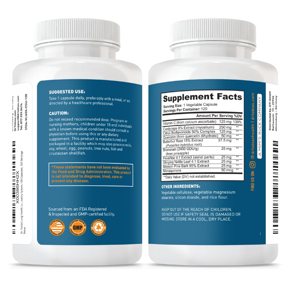 GMP and non-GMO labeling on Dr. Tobias Lung Health bottle.