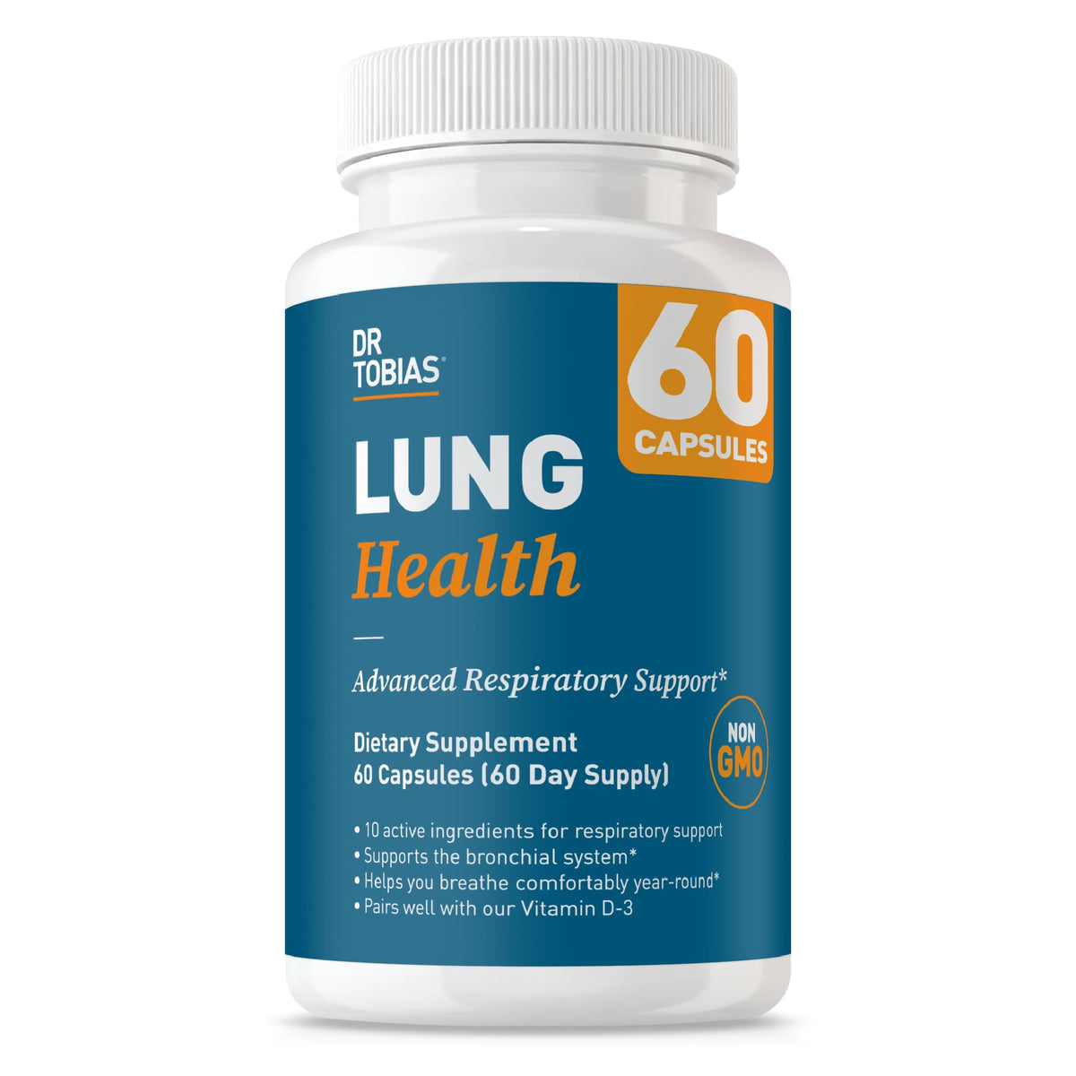 Dr. Tobias Lung Health bottle showing easy-to-swallow capsules for respiratory support.