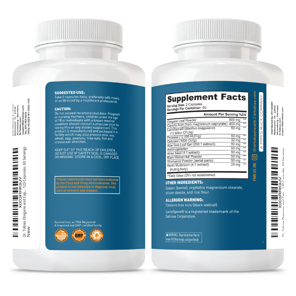 Non-GMO label and GMP-certified packaging of Dr. Tobias supplement.