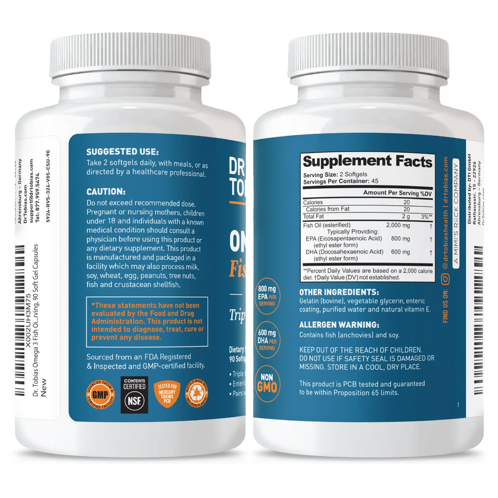 NSF-certified badge on Dr. Tobias packaging signals trusted production standards.