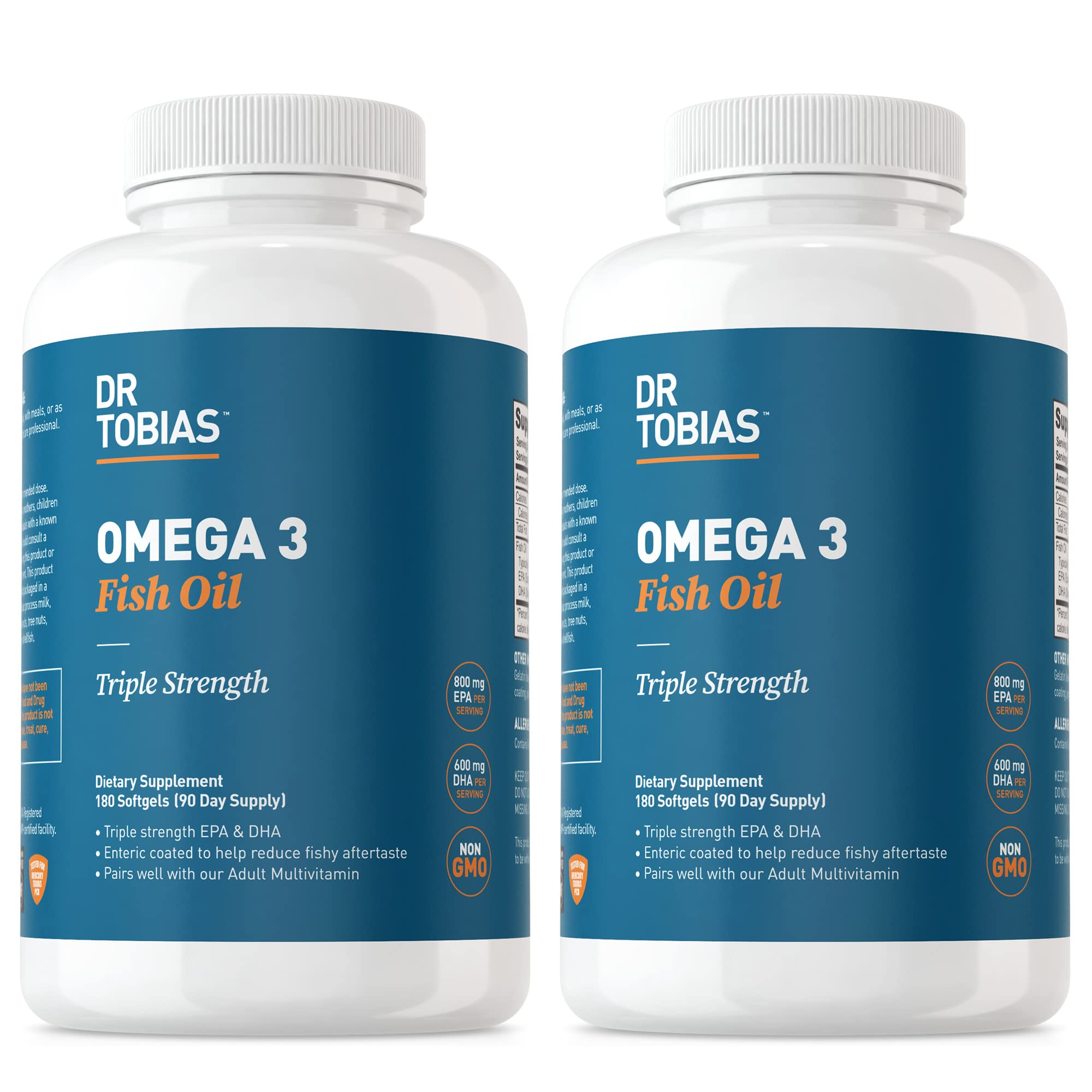 Dr. Tobias Omega 3 triple-strength bottle on shelf emphasizing potent formula for daily use.