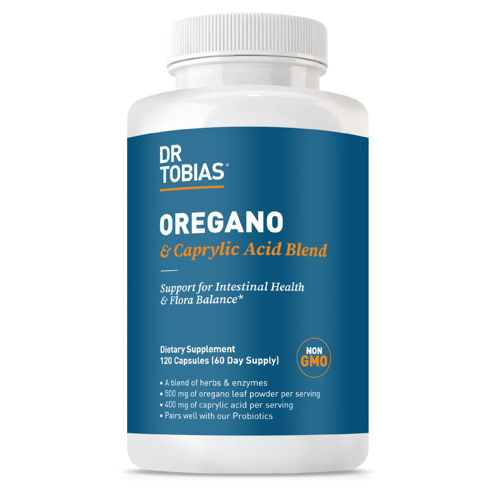 Dr. Tobias Oregano and Caprylic Acid Blend bottle promoting gut balance support.