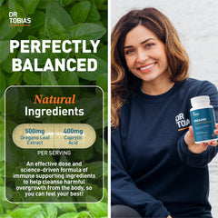 Closeup of Dr. Tobias capsules highlighting probiotics and digestive enzymes.