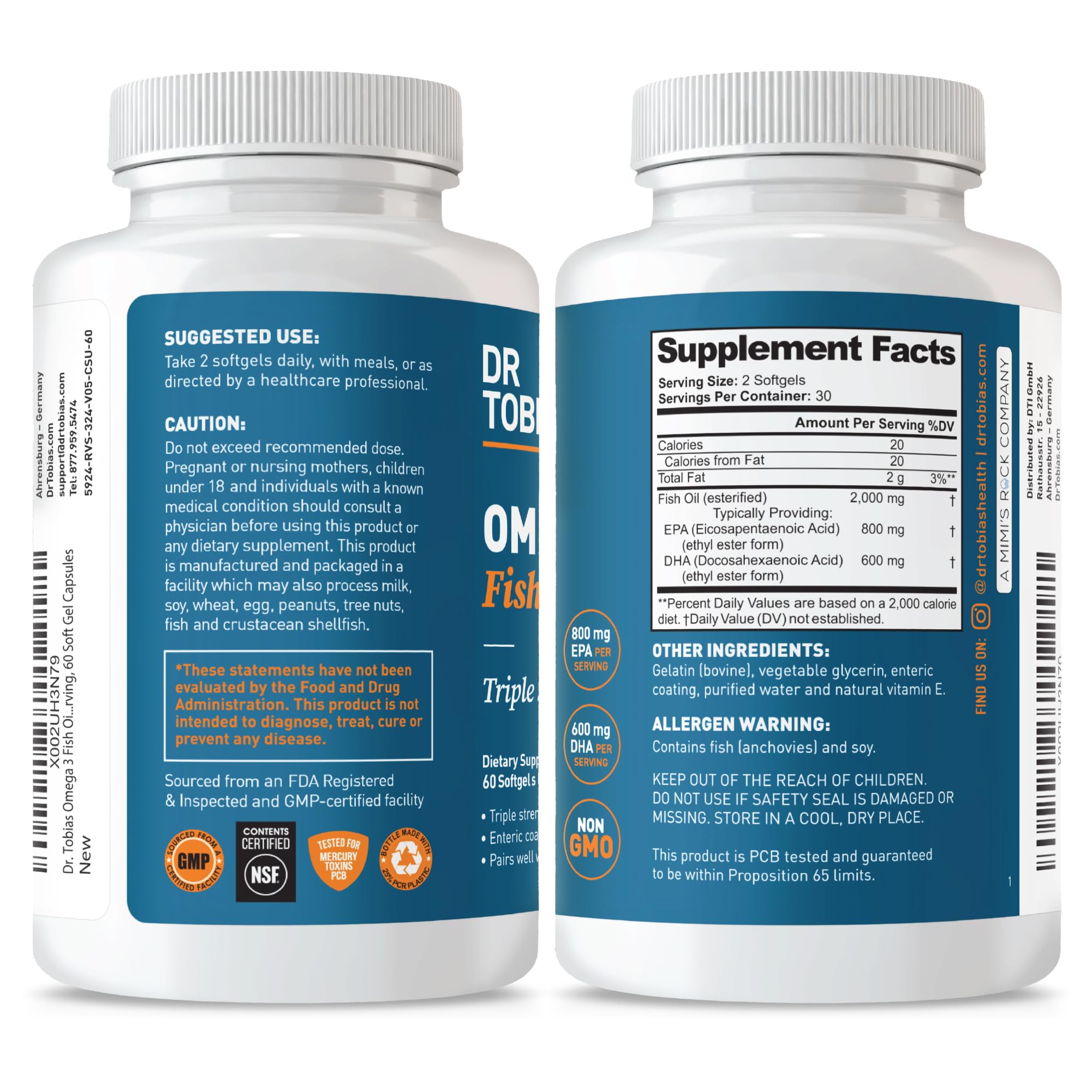 Packaging note indicating soy as an allergen in Dr. Tobias Omega 3