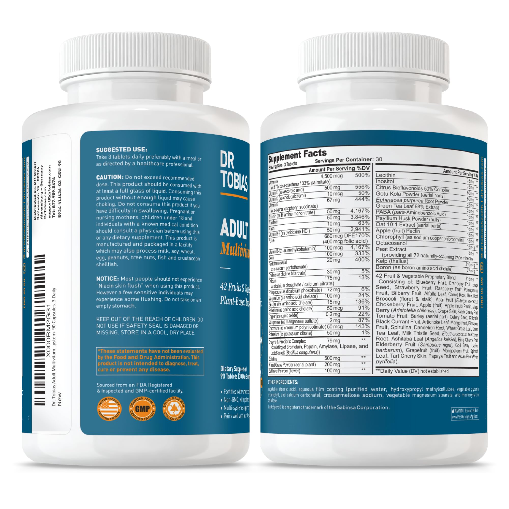 Bottle of Dr. Tobias tablets indicating a 90-count, 30-serving supply.