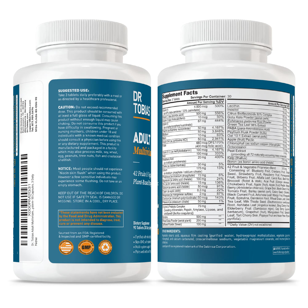 Bottle of Dr. Tobias tablets indicating a 90-count, 30-serving supply.