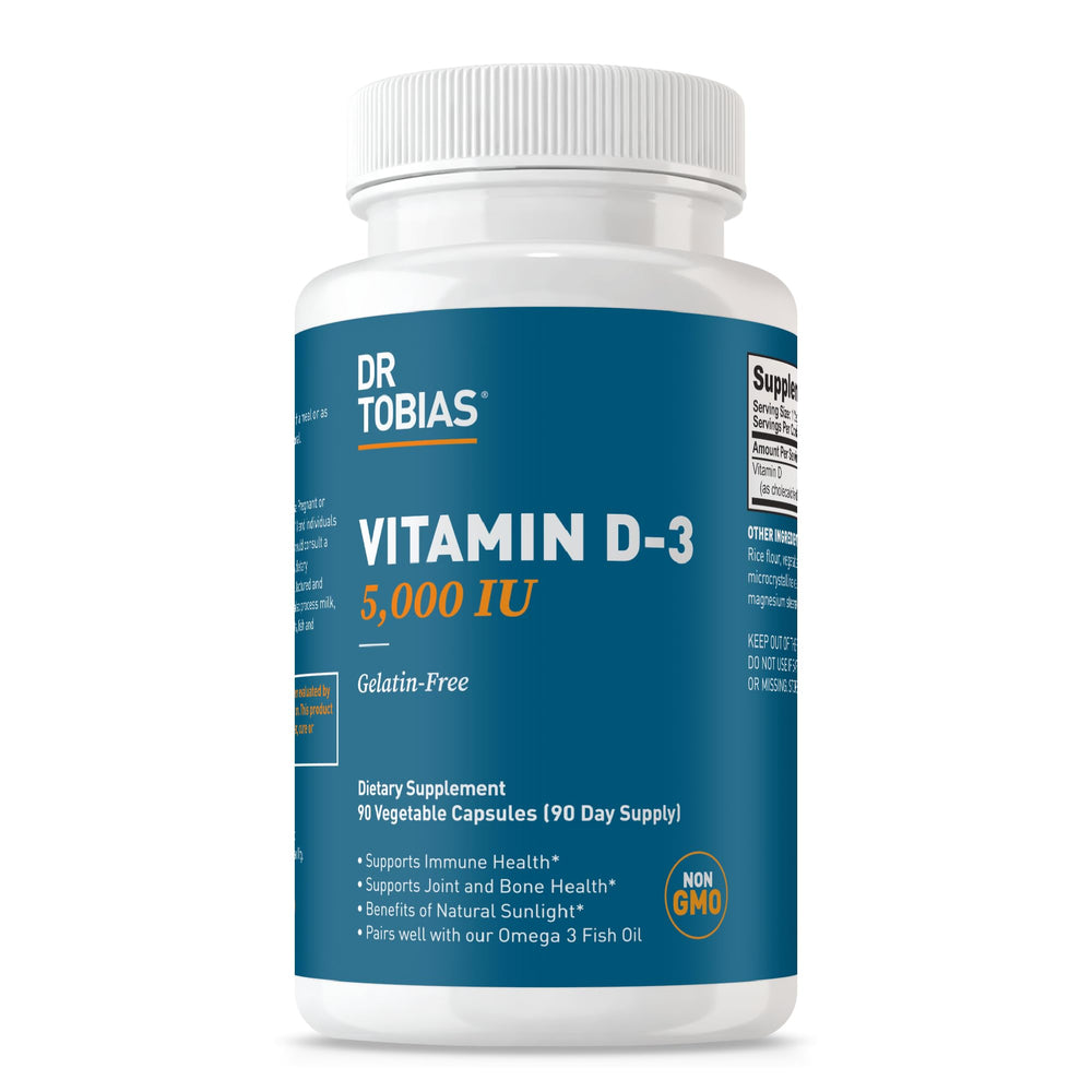 Dr. Tobias Vitamin D3 5000 IU bottle—daily bone support and immune wellness.