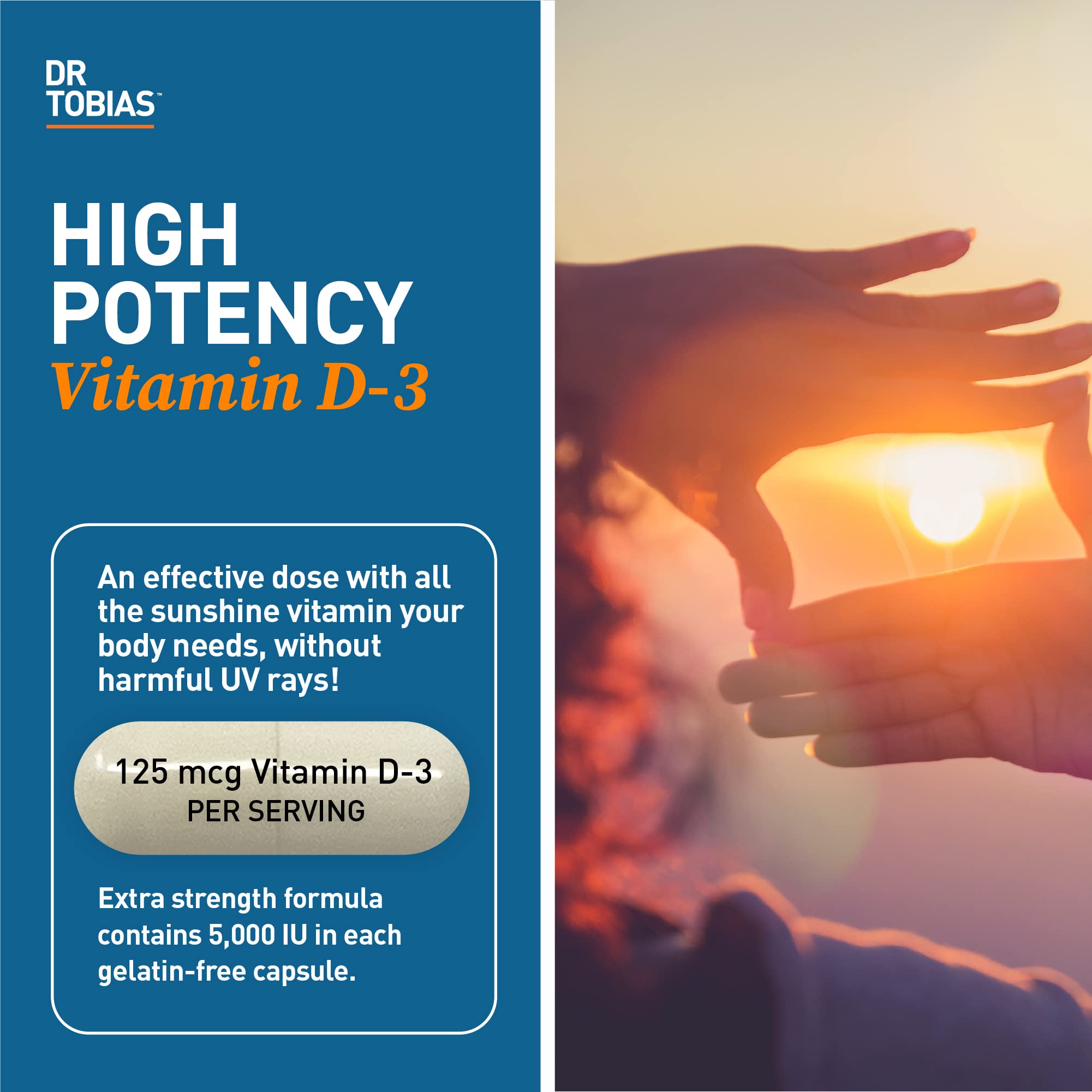 Dr. Tobias Vitamin D3 5000 IU capsule closeup—high potency for daily intake.