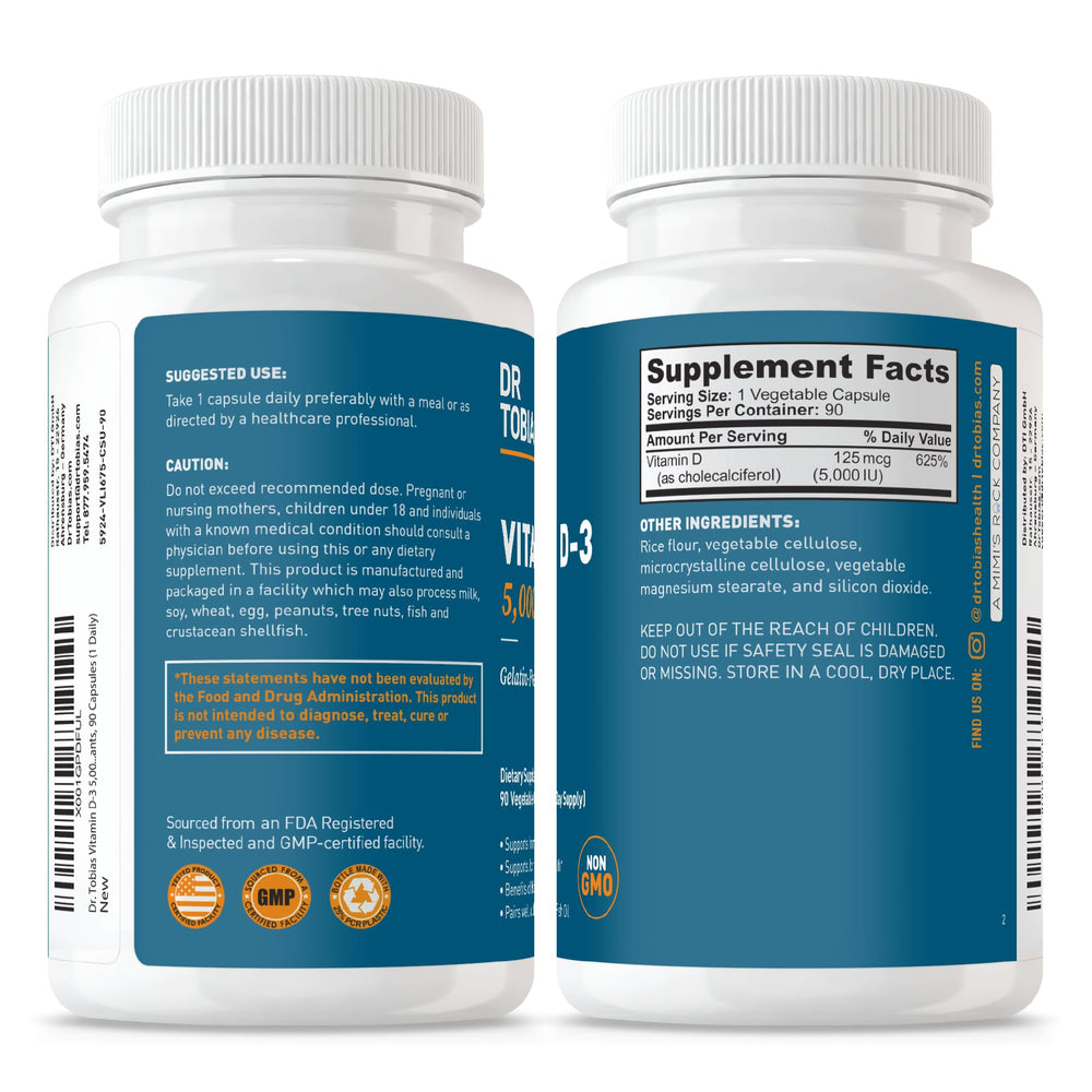 Dr. Tobias Vitamin D3 5000 IU gelatin-free capsule—suitable for gelatin-free dietary choices.