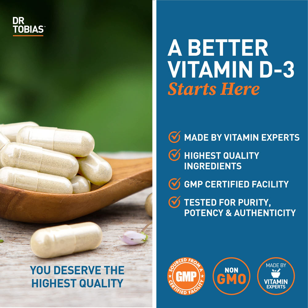 Dr. Tobias Vitamin D3 5000 IU bottle on countertop—easy daily capsule for consistent intake.