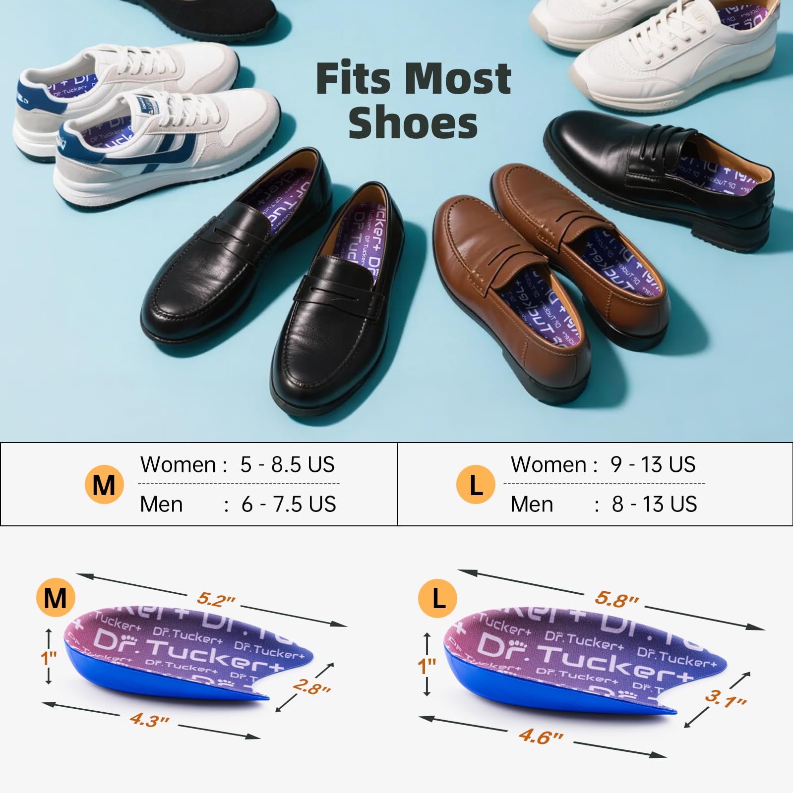 DR.TUCKER+ peel-and-stick design fits most closed shoes