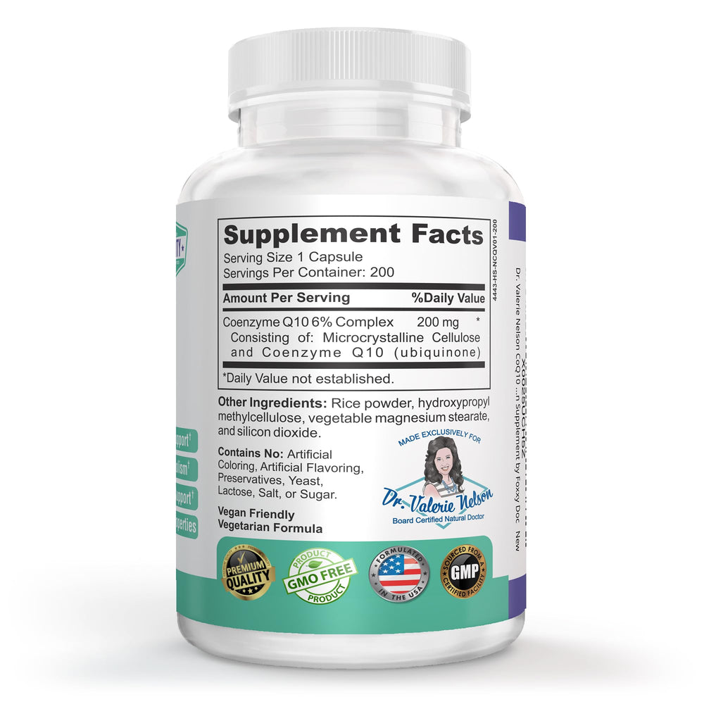 Dr. Valerie Nelson CoQ10 label back highlighting non-GMO formula with ubiquinone