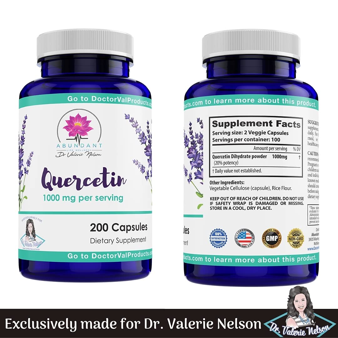 Dr. Valerie Nelson Quercetin bottle label close-up with GMP badge.
