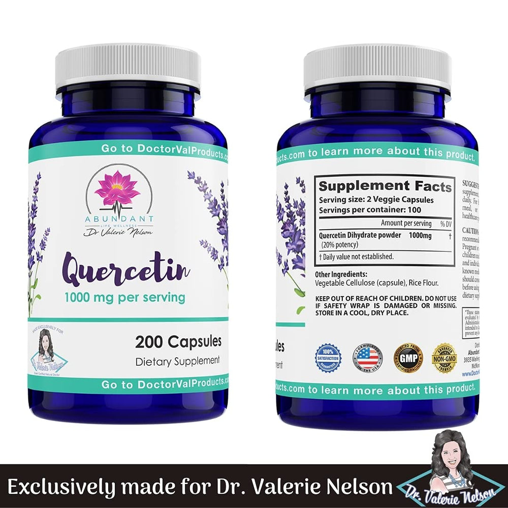Dr. Valerie Nelson Quercetin bottle label close-up with GMP badge.